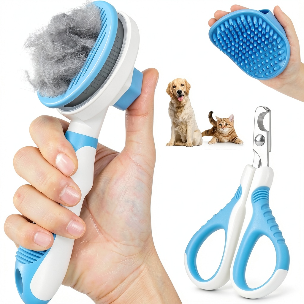 16 Pet Grooming Kit cat grooming tools laid out on a wooden table with a fluffy cat watching curiously