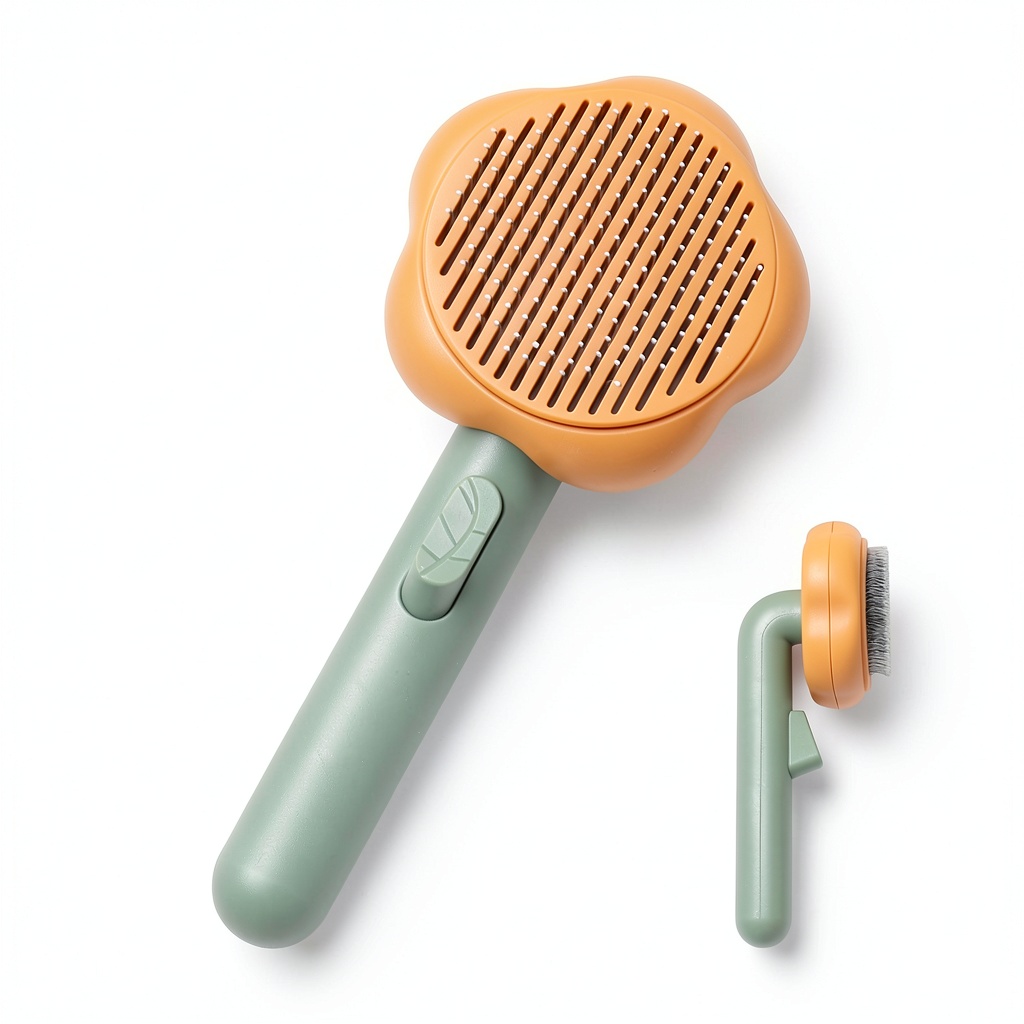 Alysisa pet comb being held in a hand on a kitchen counter