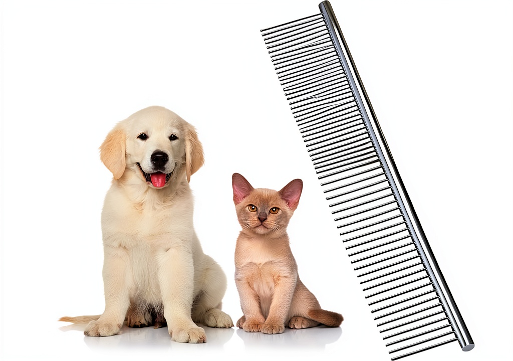 'KYHSC dog comb in use on a long-haired dog'