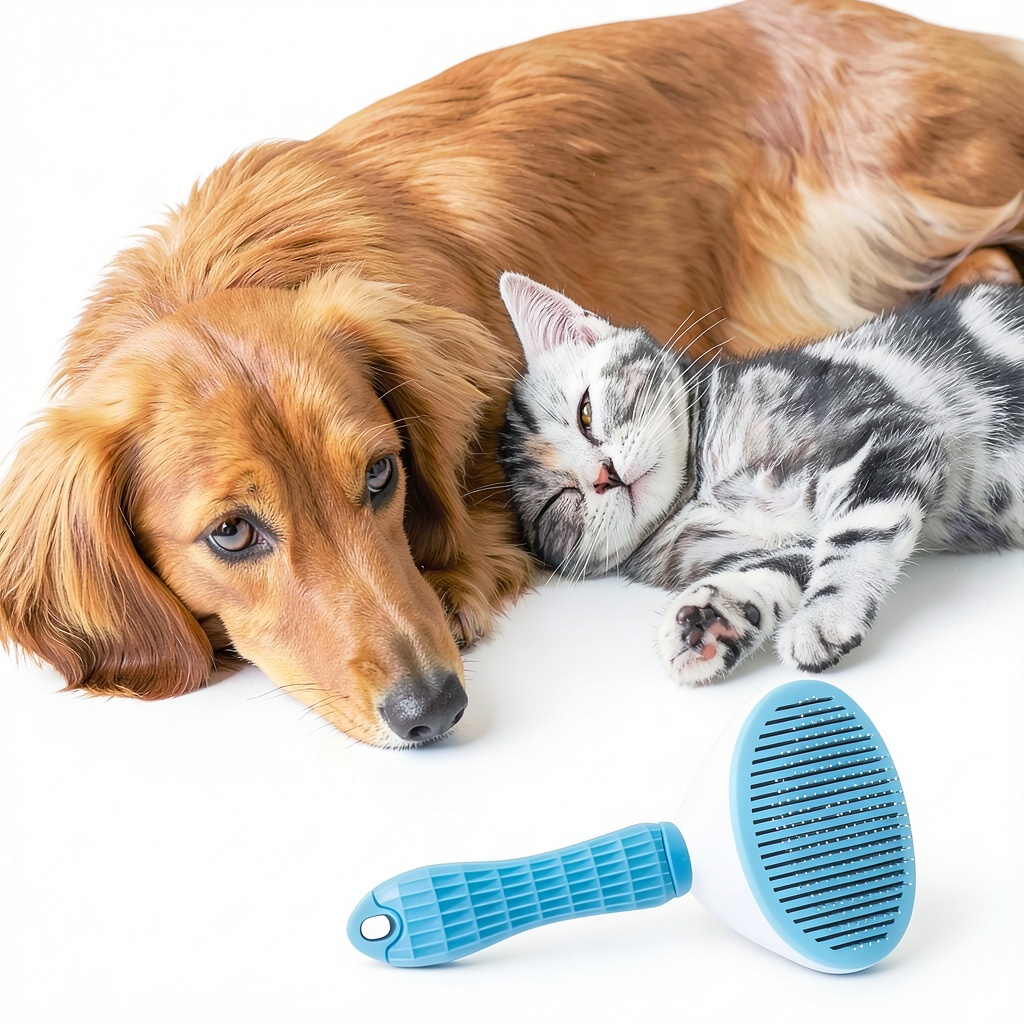 Alysisa Stainless Steel Self Cleaning Pet Grooming Comb being used on a dog in a campsite setting
